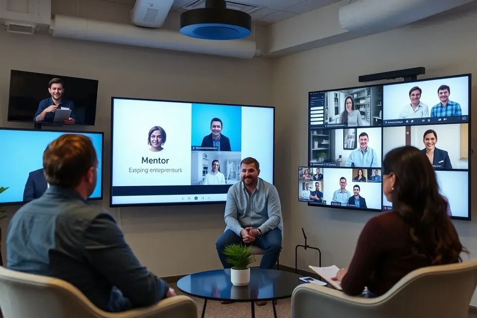 Mentor em um ambiente de apoio realizando um workshop online com empreendedores.
