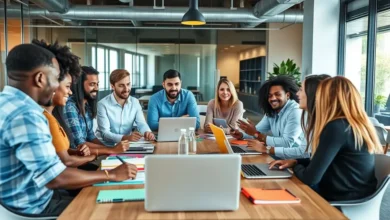 Empreendedores em uma sessão de mentoria, trocando ideias e estratégias de negócios.