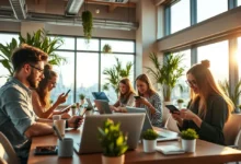 Grupo de nômades digitais trabalhando em um ambiente inspirador.
