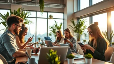 Grupo de nômades digitais trabalhando em um ambiente inspirador.