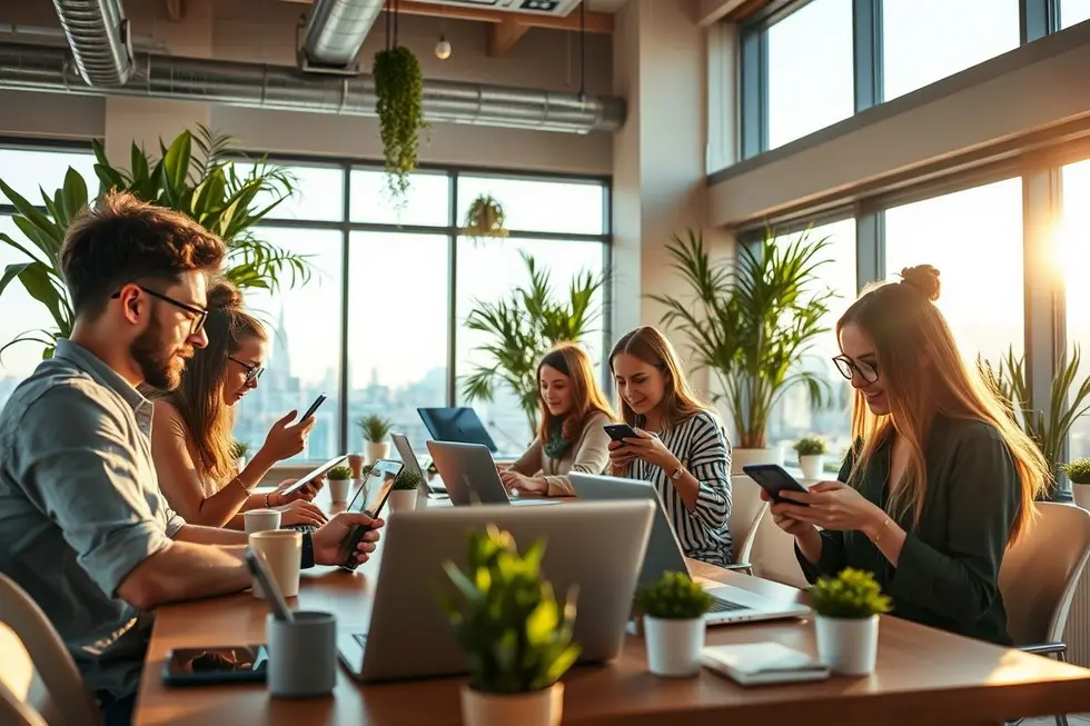 Grupo de nômades digitais trabalhando em um ambiente inspirador.