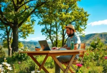Nômade digital em um ambiente natural, simbolizando crescimento sustentável.