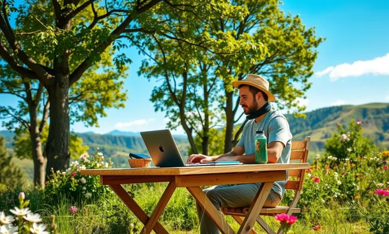 Nômade digital em um ambiente natural, simbolizando crescimento sustentável.