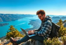 Nômade digital trabalhando em um laptop em uma paisagem deslumbrante.