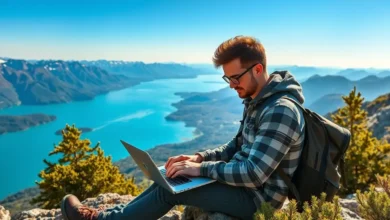 Nômade digital trabalhando em um laptop em uma paisagem deslumbrante.