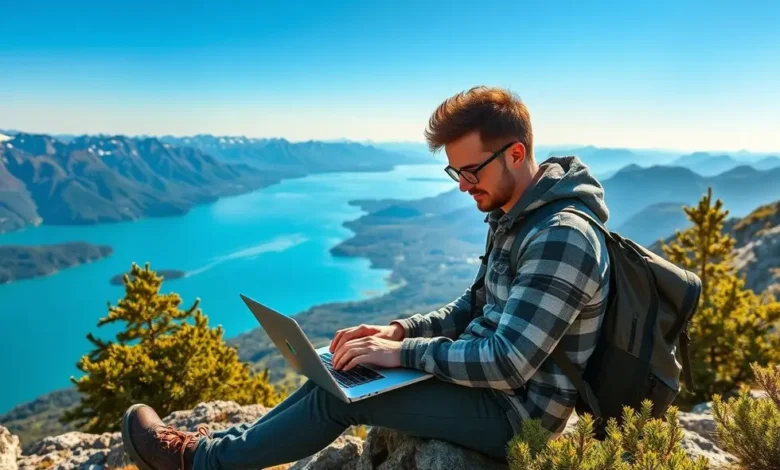 7 Passos para Empreender Online e Transformar sua Liberdade Financeira - Web Nômade Digital Nômade digital trabalhando em um laptop em uma paisagem deslumbrante.