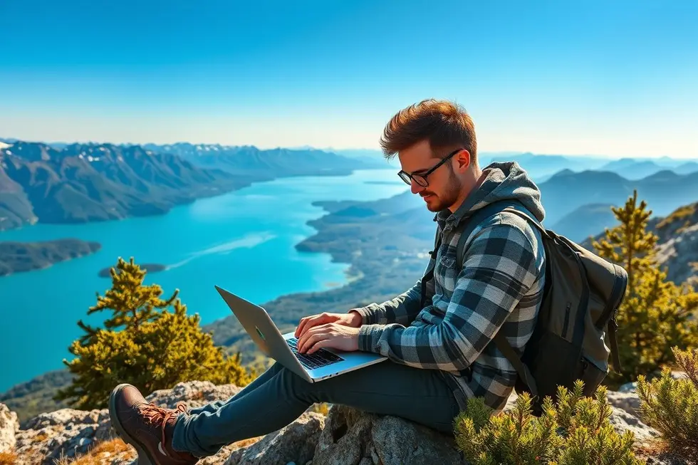 Nômade digital trabalhando em um laptop em uma paisagem deslumbrante.