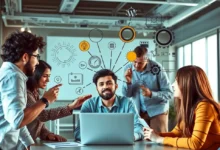 Um grupo diversificado de empreendedores discutindo e colaborando em estratégias de negócio.