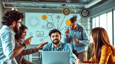 Um grupo diversificado de empreendedores discutindo e colaborando em estratégias de negócio.