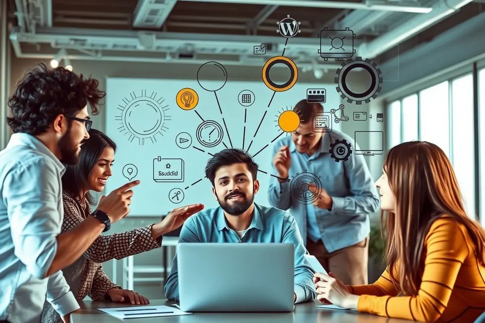 Um grupo diversificado de empreendedores discutindo e colaborando em estratégias de negócio.