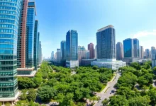 Imagem de uma cidade vibrante que integra natureza e atividade comercial.