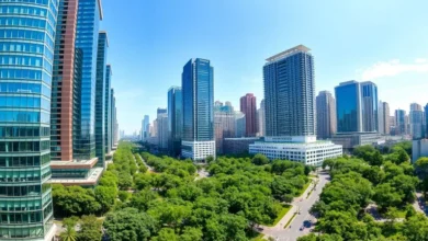 Imagem de uma cidade vibrante que integra natureza e atividade comercial.