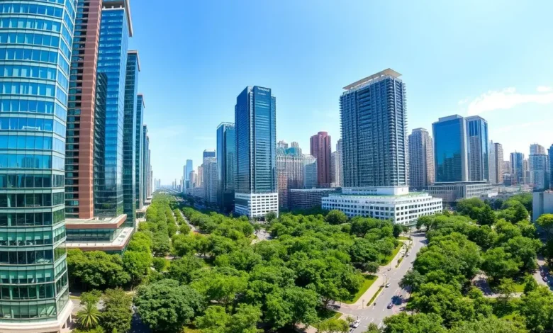 Como Escalar seu Negócio de Forma Sustentável: 7 Estratégias Eficazes - Web Nômade Digital Imagem de uma cidade vibrante que integra natureza e atividade comercial.