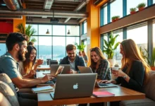Nômades digitais colaborando em um espaço de trabalho compartilhado.
