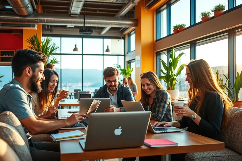 Nômades digitais colaborando em um espaço de trabalho compartilhado.
