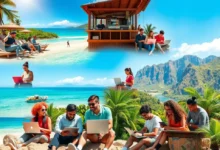 Grupo diverso de nômades digitais trabalhando em diferentes locais exóticos.