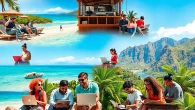 Grupo diverso de nômades digitais trabalhando em diferentes locais exóticos.