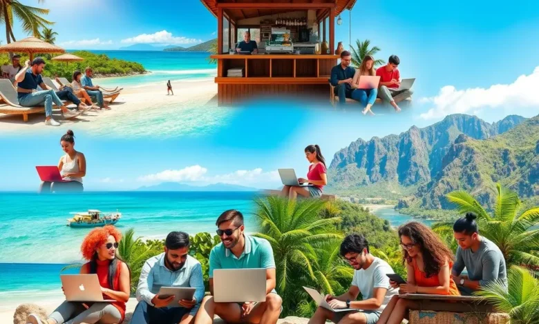 7 Passos para Empreender e Viajar pelo Mundo com Liberdade Financeira - Web Nômade Digital Grupo diverso de nômades digitais trabalhando em diferentes locais exóticos.