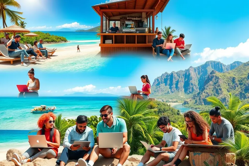 Grupo diverso de nômades digitais trabalhando em diferentes locais exóticos.