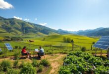 Coworking rural com mesas de trabalho em meio à natureza