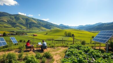 Coworking rural com mesas de trabalho em meio à natureza