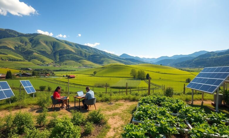 Coworking rural com mesas de trabalho em meio à natureza