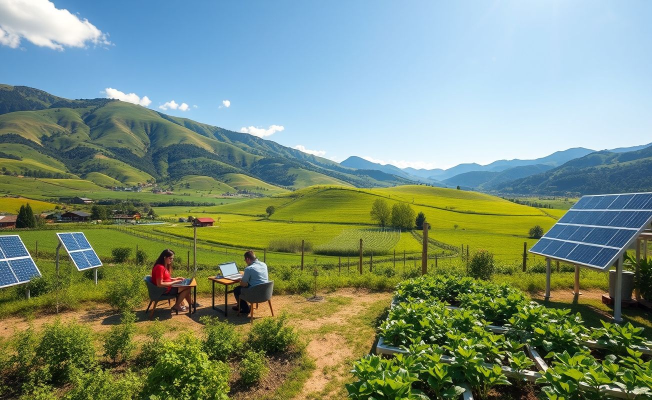 Coworking rural com mesas de trabalho em meio à natureza