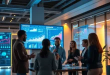 Um espaço de trabalho digital onde uma equipe analisa estratégias para escalar negócios.