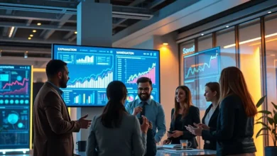 Um espaço de trabalho digital onde uma equipe analisa estratégias para escalar negócios.