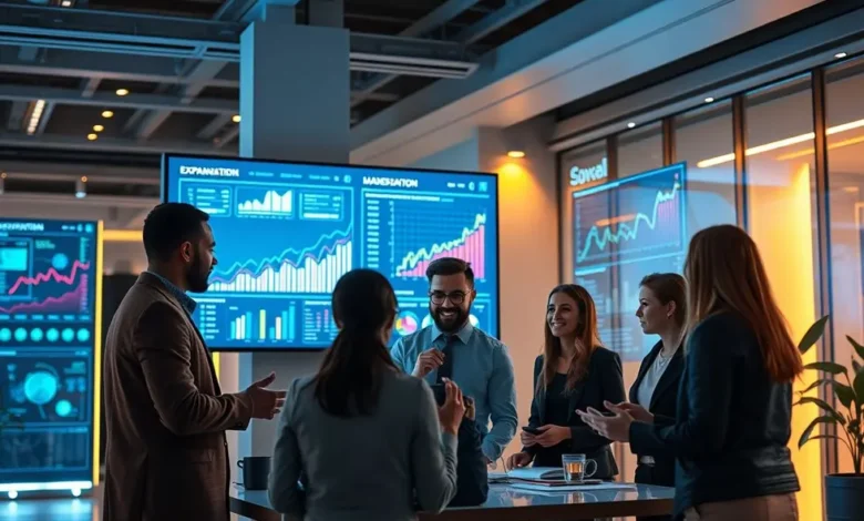 7 Estratégias Incríveis para Escalar Seu Negócio Digital em 2024 - Web Nômade Digital Um espaço de trabalho digital onde uma equipe analisa estratégias para escalar negócios.