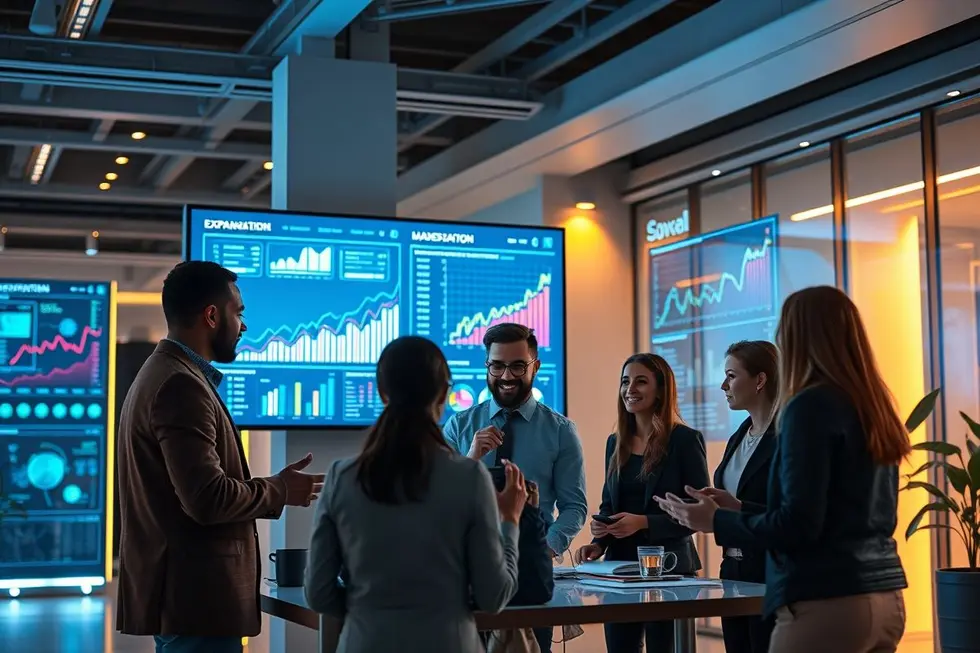 Um espaço de trabalho digital onde uma equipe analisa estratégias para escalar negócios.
