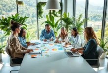 Equipe de negócios brainstorming sobre iniciativas de sustentabilidade em um escritório verde.