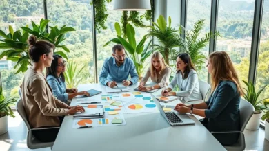 Equipe de negócios brainstorming sobre iniciativas de sustentabilidade em um escritório verde.