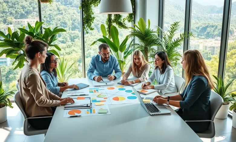Equipe de negócios brainstorming sobre iniciativas de sustentabilidade em um escritório verde.