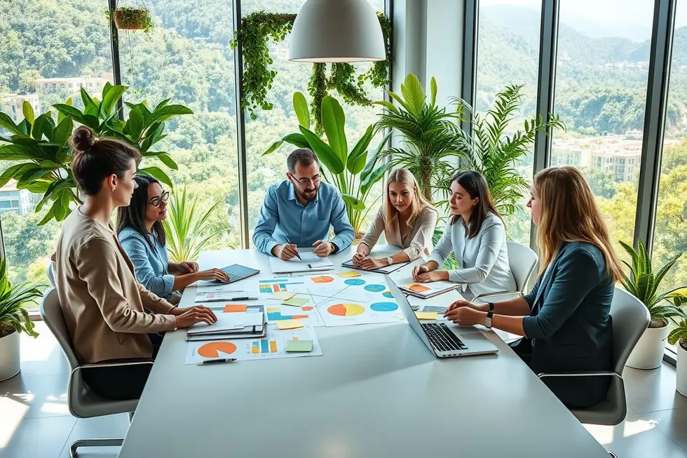 Equipe de negócios brainstorming sobre iniciativas de sustentabilidade em um escritório verde.