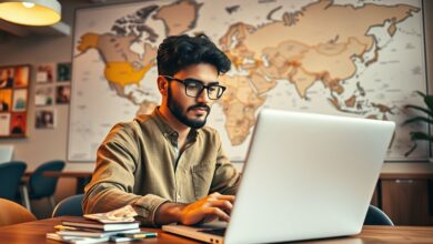 Nômade digital trabalhando e gerenciando finanças internacionais