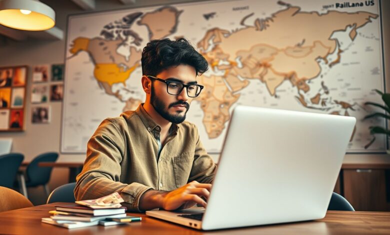 Crise Financeira Nômades: Como se Preparar e Sobreviver às Turbulências - Web Nômade Digital Nômade digital trabalhando e gerenciando finanças internacionais