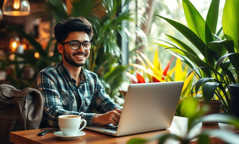 Nômade digital trabalhando remotamente em local com bom custo-benefício