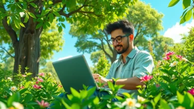 Empreendedor trabalhando em um ambiente eco-friendly.