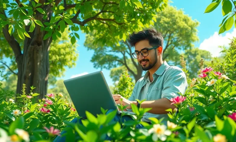 10 Estratégias para Escalar seu Negócio Digital de Forma Sustentável - Web Nômade Digital Empreendedor trabalhando em um ambiente eco-friendly.