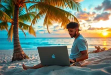 Nômade digital usando um laptop à beira da praia ao pôr do sol.