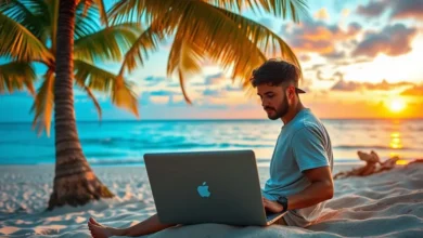 Nômade digital usando um laptop à beira da praia ao pôr do sol.