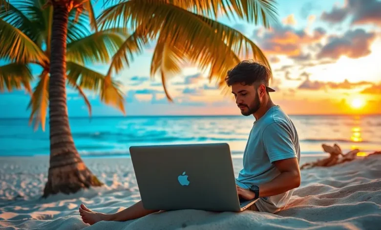 Nômade digital usando um laptop à beira da praia ao pôr do sol.