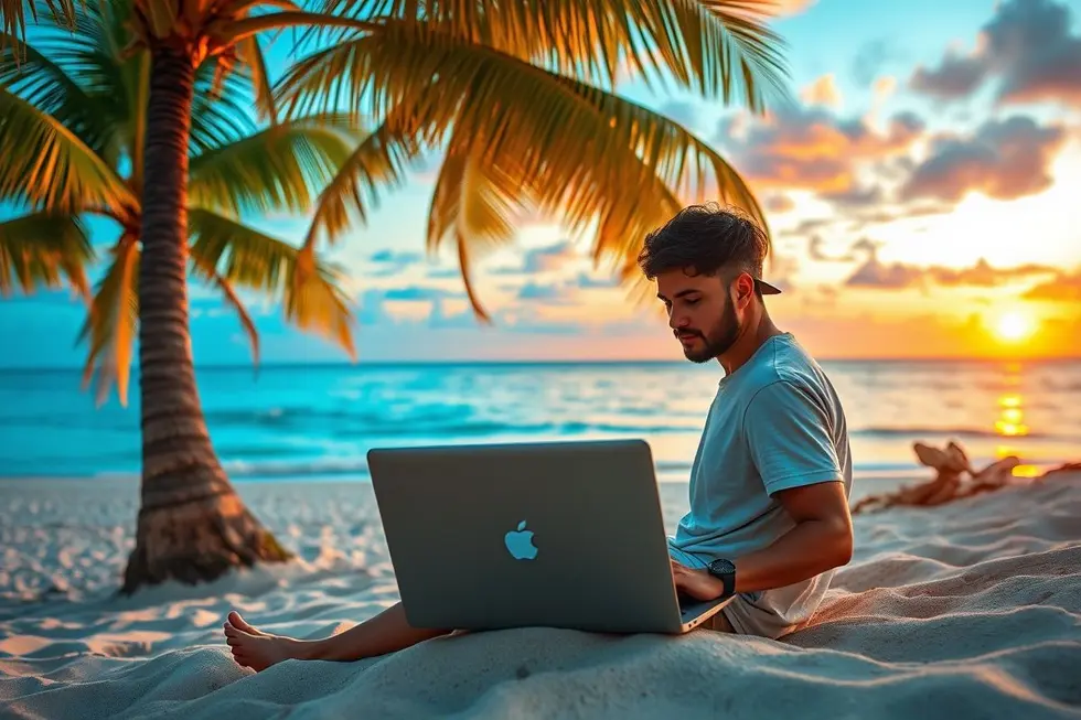Nômade digital usando um laptop à beira da praia ao pôr do sol.