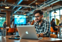 Nômades digitais colaborando em um ambiente de coworking dinâmico.