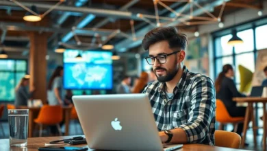 Nômades digitais colaborando em um ambiente de coworking dinâmico.