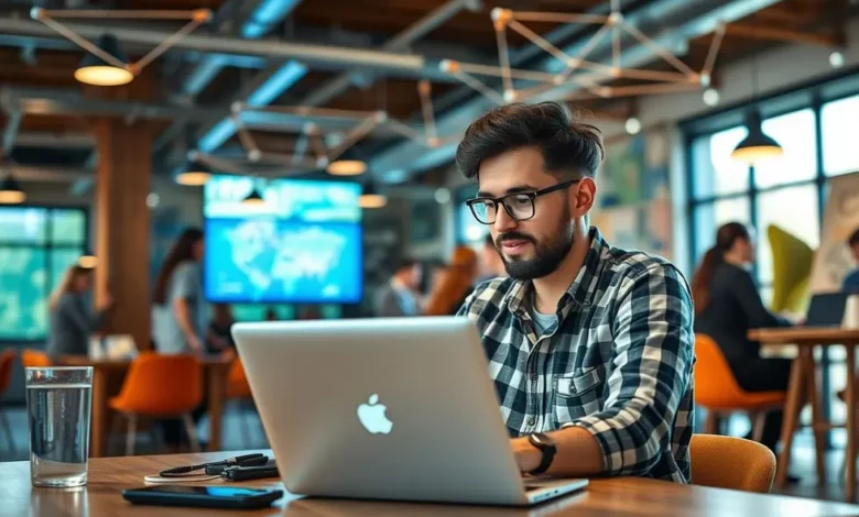 7 Estratégias de Gestão Estratégica para Nômades Digitais Aumentarem Seus Lucros - Web Nômade Digital Nômades digitais colaborando em um ambiente de coworking dinâmico.