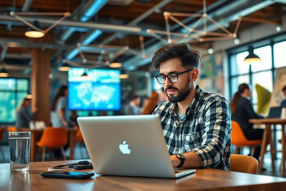 Nômades digitais colaborando em um ambiente de coworking dinâmico.