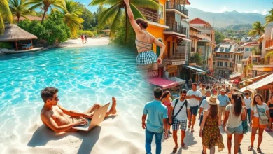 Um nômade digital aproveitando seu estilo de vida em várias localidades.
