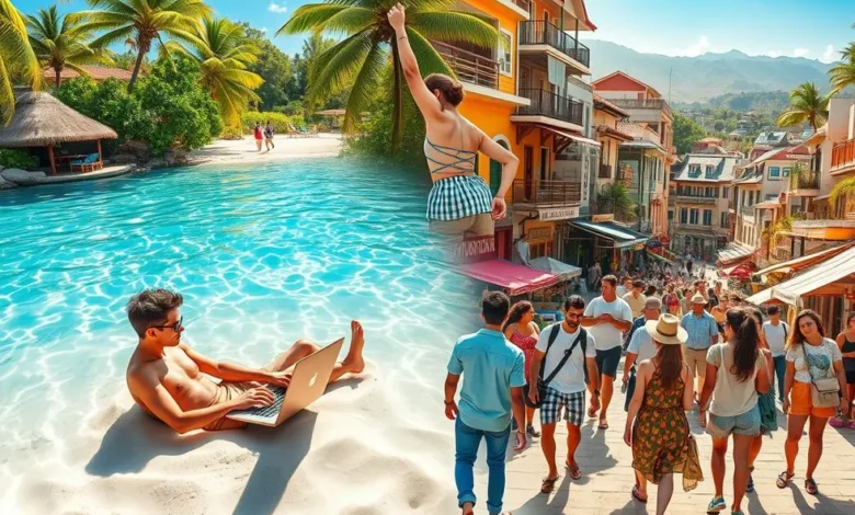 Um nômade digital aproveitando seu estilo de vida em várias localidades.
